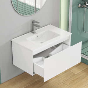 English Elm 32-Inch Wall-Mounted Bathroom Vanity With Soft-Close Drawer, Ceramic Sink, Matte White Finish, Modern Design W3151S00042