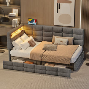 English Elm Upholstered Twin Daybed with 2 Under-Bed Drawers, Headboard Storage, USB-C Charging & LED Lights Gray 41.31 L x 21.42 W x 13.37 H N733P285121E