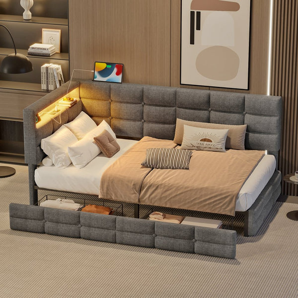 English Elm Upholstered Twin Daybed with 2 Under-Bed Drawers, Headboard Storage, USB-C Charging & LED Lights Gray 41.31 L x 21.42 W x 13.37 H N733P285121E