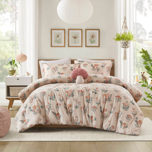 English Elm 4-piece Whimsical Mushroom Floral Microfiber Comforter Set with Shaped Accent Pillow Blush Multi B035P482877