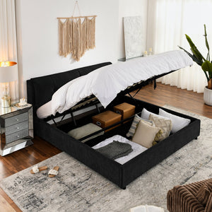 English Elm King Size Hydraulic Platform Bed With Integrated Headboard - Stylish Chenille Upholstery, Black W1413S00116