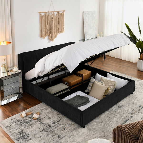 English Elm King Size Hydraulic Platform Bed With Integrated Headboard - Stylish Chenille Upholstery, Black W1413S00116