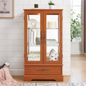 English Elm Glass Lighted Curio Cabinet DARK OAK with Adjustable Glass Shelves, Vintage Handles, Bulb Included W2275P295883