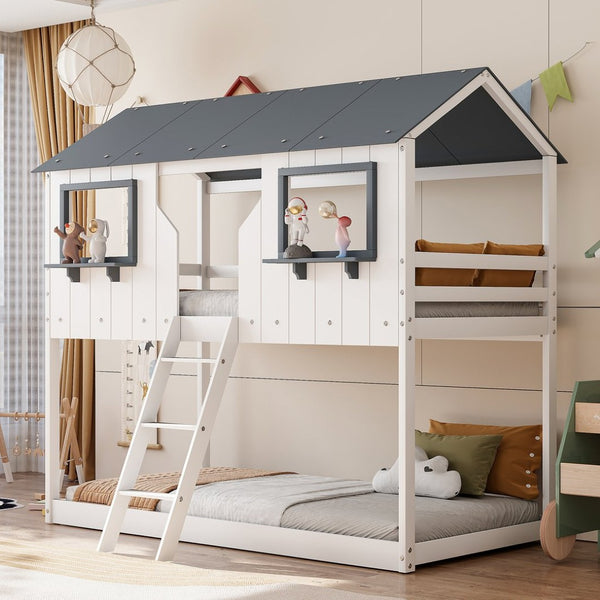 English Elm Twin Over Playhouse Bunk Bed Solid Pine Frame with Roof Windows Guardrail LT100045AAK-1