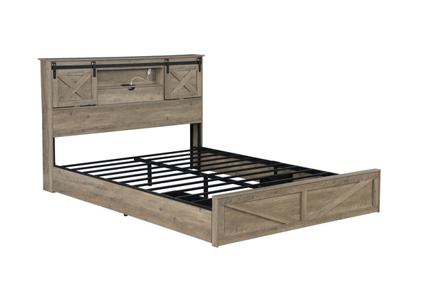 English Elm Farmhouse Queen Bed Frame with LED Lights & Charging Station, Metal+MDF Rustic Storage Drawers, 1000LB Capacity W1670P255538