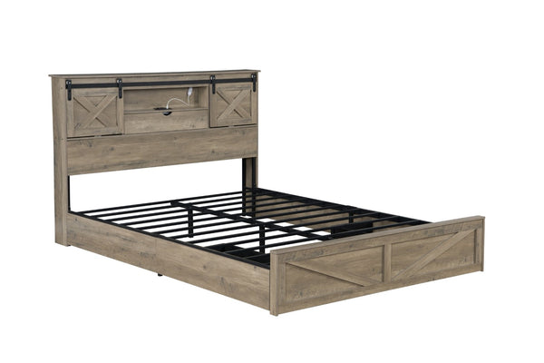 English Elm Farmhouse King Storage Bed Rustic Wood Headboard with Led Lights and Charging Hub W1670P362672