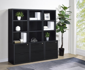 English Elm 1pc Multifunctional Bookcase with 3 Open Shelves, 2 Lockable Drawers and Dual USB-A/USB-C Charging Ports Black 42 L x 26.25 W x 8 H B011P337667