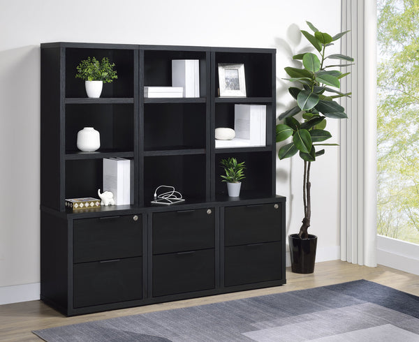 English Elm 1pc Multifunctional Bookcase with 3 Open Shelves, 2 Lockable Drawers and Dual USB-A/USB-C Charging Ports Black 42 L x 26.25 W x 8 H B011P337667