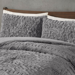 JLA Home Madison Park - Ruched Faux Fur Comforter Set with Hypoallergenic Down Alternative, OEKO‑TEX Certified Luxury Touch Grey MP10-8211