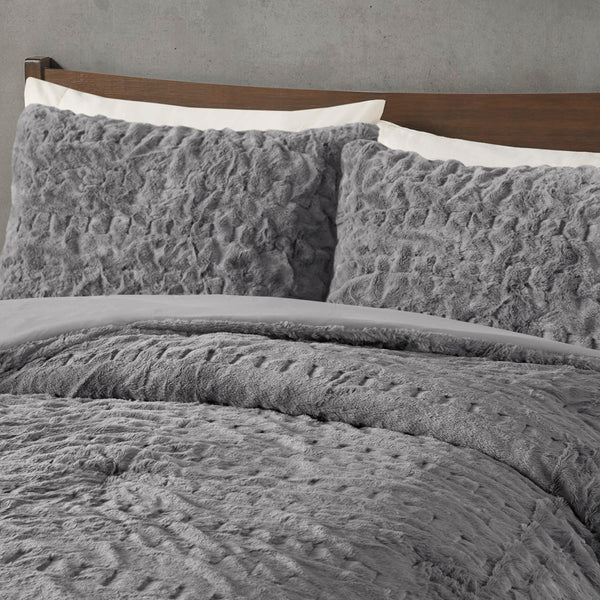 JLA Home Madison Park - Ruched Faux Fur Comforter Set with Hypoallergenic Down Alternative, OEKO‑TEX Certified Luxury Touch Grey MP10-8211