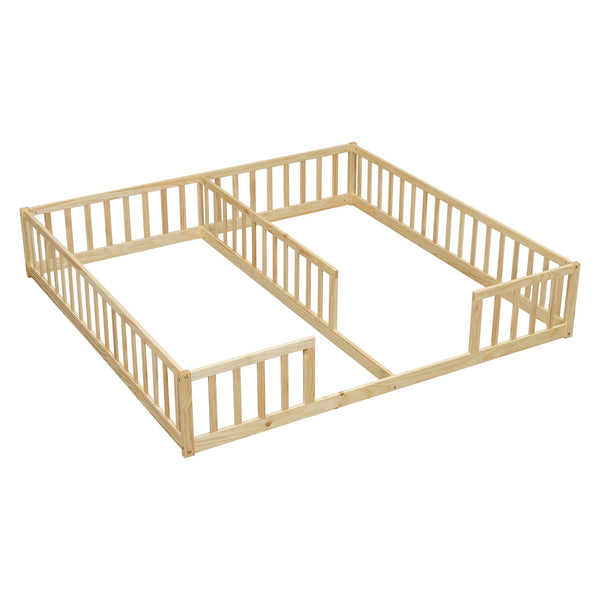 English Elm Double Twin Floor Bed With Safety Guardrails - Scandinavian Style, Durable Pine, Easy Assembly W504P143287