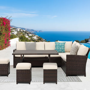 English Elm 7 Piece Outdoor Wicker Dining Set Modular Sectional Sofa Ottomans and Patio Table Ivory B082S00075