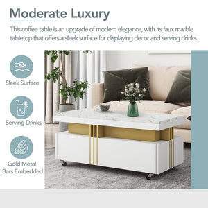 English Elm Faux Marble Rectangular Coffee Table with Gold Bars Drawers and Caster Wheels White WF305961AAK