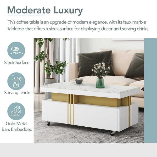 English Elm Faux Marble Rectangular Coffee Table with Gold Bars Drawers and Caster Wheels White WF305961AAK