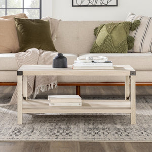 English Elm Walker Edison - Farmhouse Metal-X Coffee Table White Oak/Bronze — Rustic Industrial MDF, X-Metal Accents & Lower Shelf B185P326690