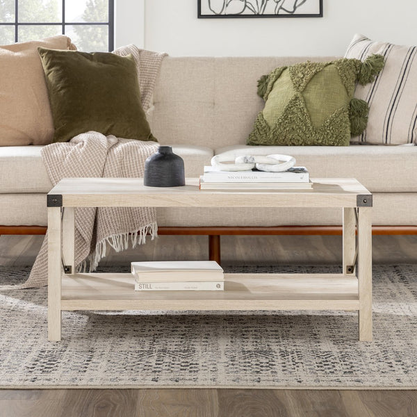 English Elm Walker Edison - Farmhouse Metal-X Coffee Table White Oak/Bronze — Rustic Industrial MDF, X-Metal Accents & Lower Shelf B185P326690