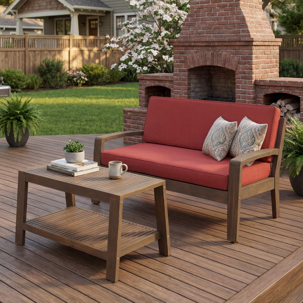 English Elm 2-piece Outdoor Acacia Wood Loveseat Set with Water-resistant Cushions for Patio Decks 57976.00SETFGRY_57976.00SETCUSH-REDSKIN