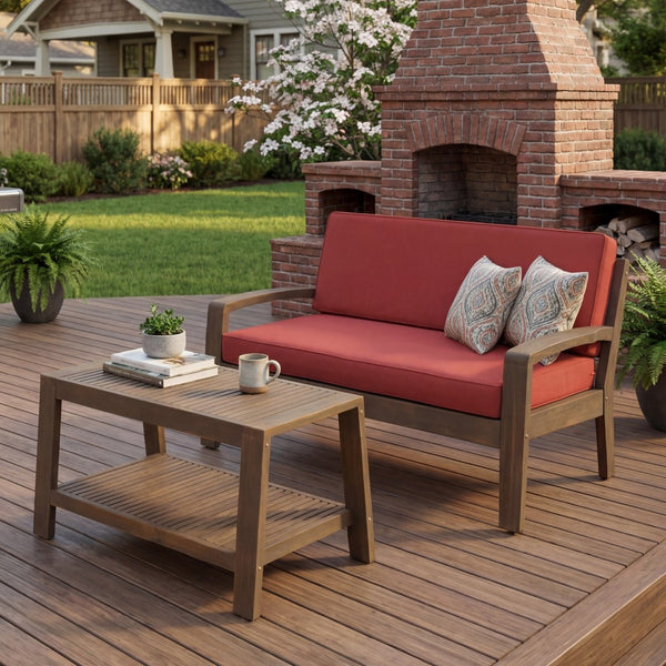 English Elm 2-piece Outdoor Acacia Wood Loveseat Set with Water-resistant Cushions for Patio Decks 57976.00SETFGRY_57976.00SETCUSH-REDSKIN