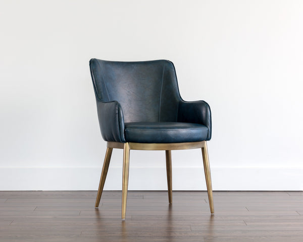 Sunpan Franklin Dining Armchair - Elegant Barrel Back Design with Antique Brass Frame for Modern Spaces Vintage Blue