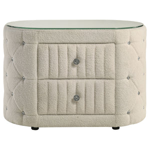English Elm Santiago Ivory boucle oval nightstand with acrylic tufting, tempered glass top, 2-drawer compact storage B062P375537