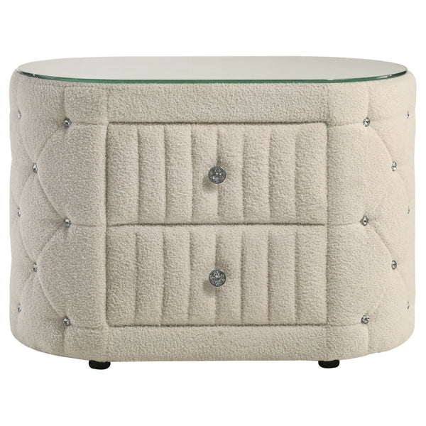 English Elm Santiago Ivory boucle oval nightstand with acrylic tufting, tempered glass top, 2-drawer compact storage B062P375537