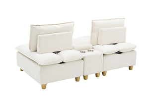 English Elm 74-inch flannel sofa with cup holders, storage compartment, adjustable backrest and solid wood frame Beige W1658S00123