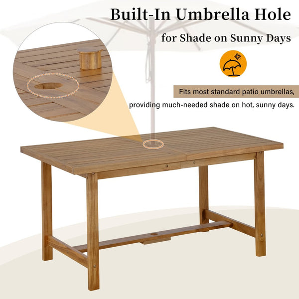 English Elm U_style Solid Acacia Wood Outdoor Dining Set Seats Four with Umbrella Hole Patio Natural WY000477AAO