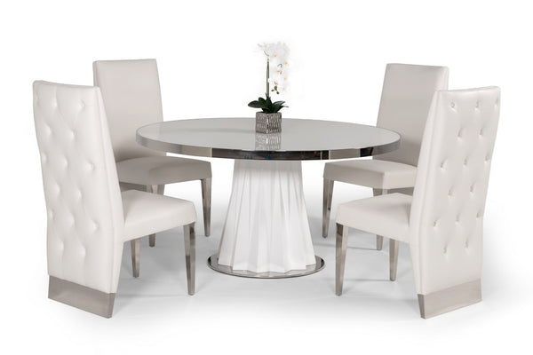 VIG Furniture Cabaret Prism-Base White Round Dining Table With 59" Tempered Glass Top, Seats 4, Modern Sculptural Appeal VGVCT1799