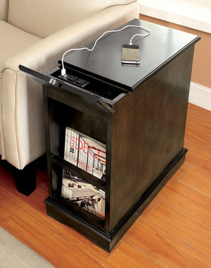 English Elm Transitional Side Table with Built-In USB & Power Dock, Pull-Out Cup Holder and Spacious Cabinet Storage Gray 15 L x 27 W x 27 H B2741P341687