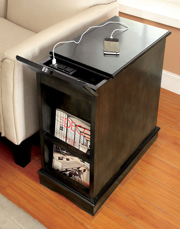 English Elm Transitional Side Table with Built-In USB & Power Dock, Pull-Out Cup Holder and Spacious Cabinet Storage Gray 15 L x 27 W x 27 H B2741P341687