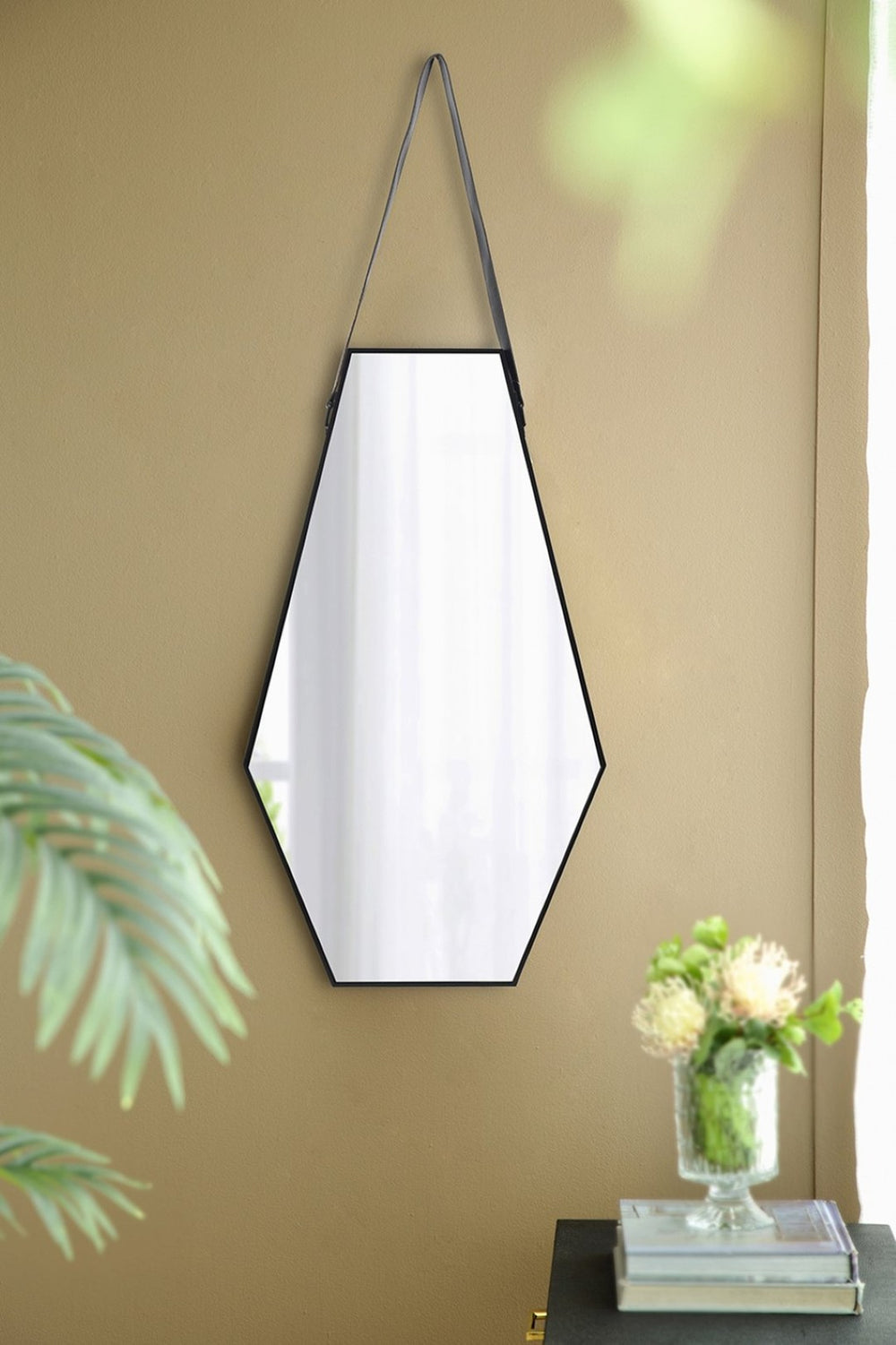 English Elm 18x1.6x31.5" Hexagonal Mdf Wall Mirror Leather Strap Artisan Industrial Accent W2078P489397