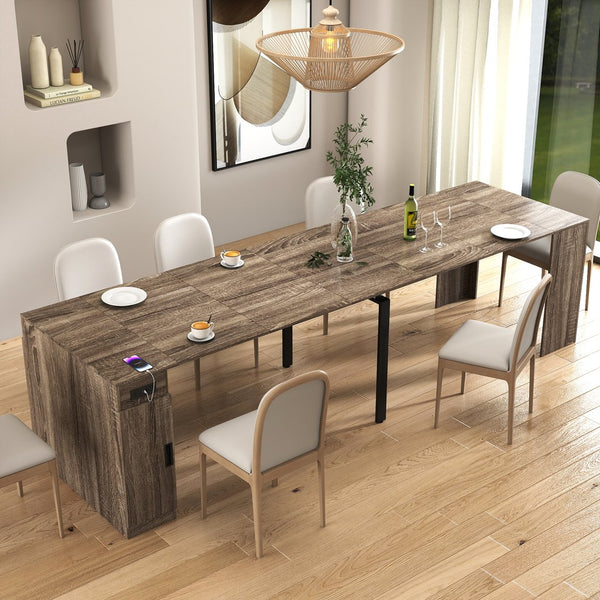English Elm Modern Extendable Dining Table with Built-In Outlet, USB Ports & Storage, Space-Saving Console to 118" Brown W331S00192