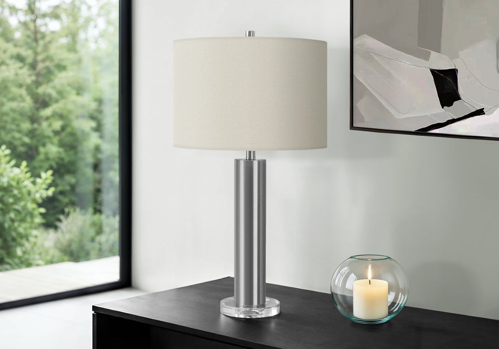 English Elm Lighting, Contemporary Table Lamp Black Metal Acrylic Base Ivory Linen Drum Shade B2710P220114