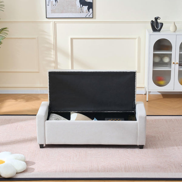 English Elm 48" Tufted Faux Linen Storage Bench with Arms Lift Top Ottoman for Bedroom Entryway Beige W3523P387532