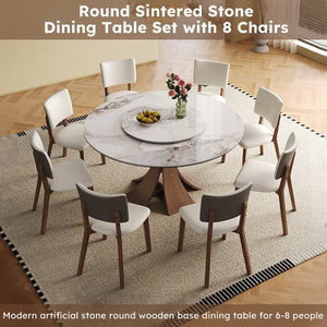 English Elm 59-Inch Modern Sintered Stone Dining Table Set With Rotating Turntable & 8 Chairs For Stylish Gatherings W509S00132