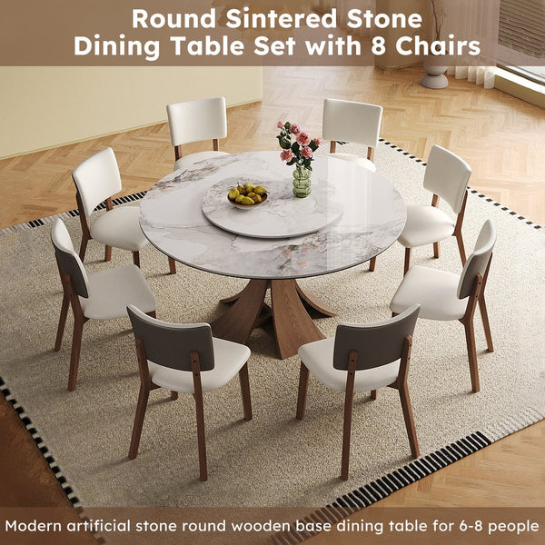 English Elm 59-Inch Modern Sintered Stone Dining Table Set With Rotating Turntable & 8 Chairs For Stylish Gatherings W509S00132