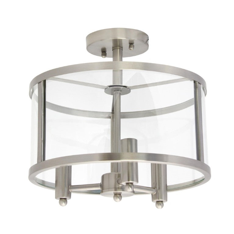 HomeRoots Silver Three Bulb Semi Flush Mount Drum Ceiling Light with Gleaming Clear Glass 751317