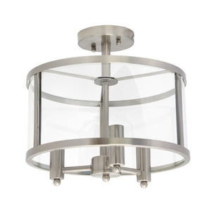 HomeRoots Silver Three Bulb Semi Flush Mount Drum Ceiling Light with Gleaming Clear Glass 751317