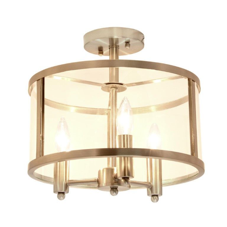 HomeRoots Silver Three Bulb Semi Flush Mount Drum Ceiling Light with Gleaming Clear Glass 751317