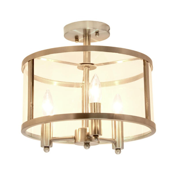 Silver Three Bulb Semi Flush Mount Drum Ceiling Light with Gleaming Clear Glass