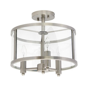 Silver Three Bulb Semi Flush Mount Drum Ceiling Light with Gleaming Clear Glass