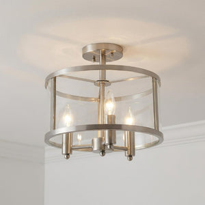 Silver Three Bulb Semi Flush Mount Drum Ceiling Light with Gleaming Clear Glass