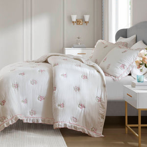 English Elm 3-piece Floral Embroidered Quilt Set Ruffled Trim Romantic Bedding for Full Queen Beds White+Pink B035P463192