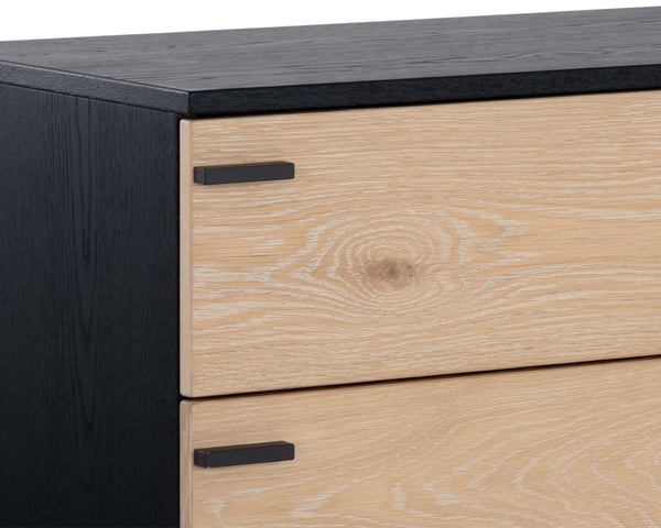 Sunpan ROSSO Dresser – Modern Industrial Black Wood Frame with Rustic Oak Drawers & Matte Iron Legs 108791