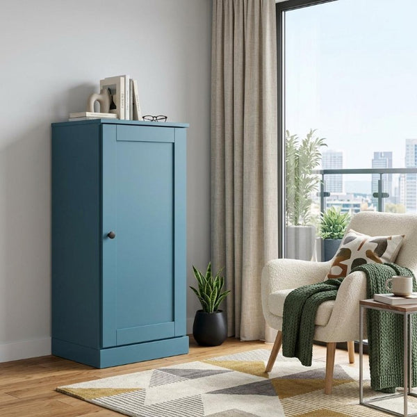 36 Inch Solid Wood Three Tier Adjustable Bookcase with Cabinet Door Teal Finish