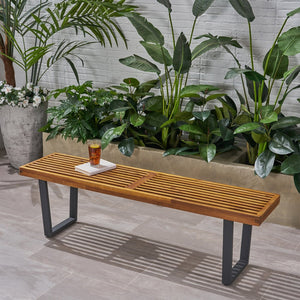 English Elm Metal/solid Acacia Wood Outdoor Bench Gray Wash Finish Iron Legs Patio Seating N768P403945T