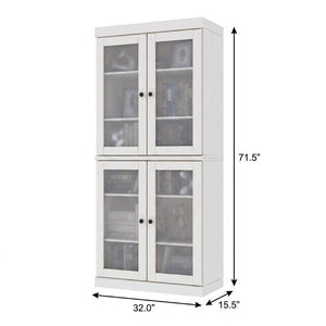72 Inch Solid White Wood Six Shelf Adjustable Bookcase with Four Cabinet Doors