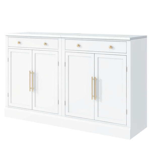 English Elm [Assembly Modern Freestanding Kitchen Pantry with Faux Marble Top, Set of 2 Cabinets with Drawer, Adjustable Shelves, Sleek Durable Design for Dining Room and Coffee Bar White SP000074AAK