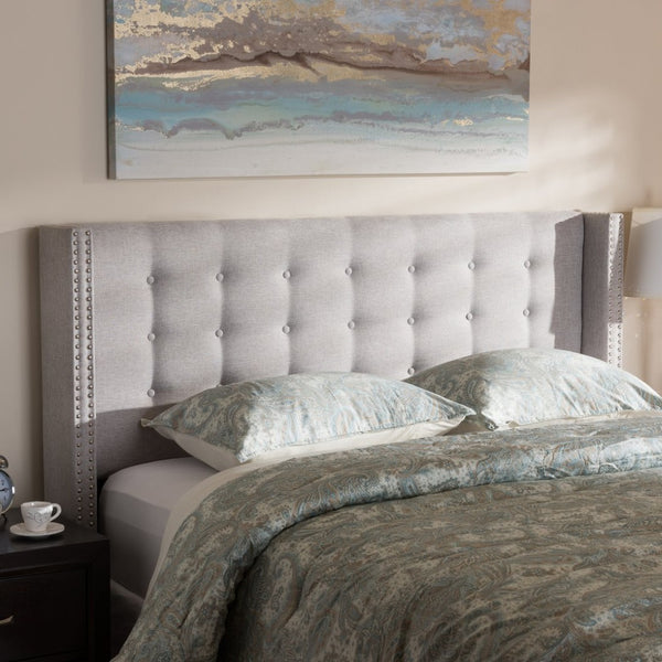 Baxton Studio Baxton Studio Ginaro Winged Headboard: Modern Button-Tufted Upholstery with Nailhead Trim Elegance Queen BBT6627-Greyish Beige-Queen HB