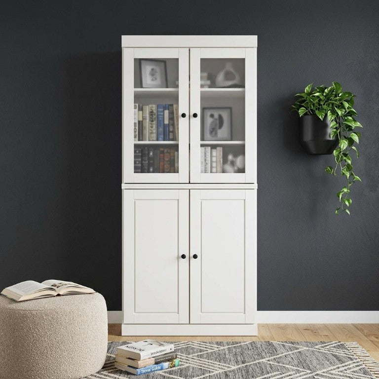 72 Inch White Solid Wood Six Shelf Bookcase with Four Doors for Home Library Storage
